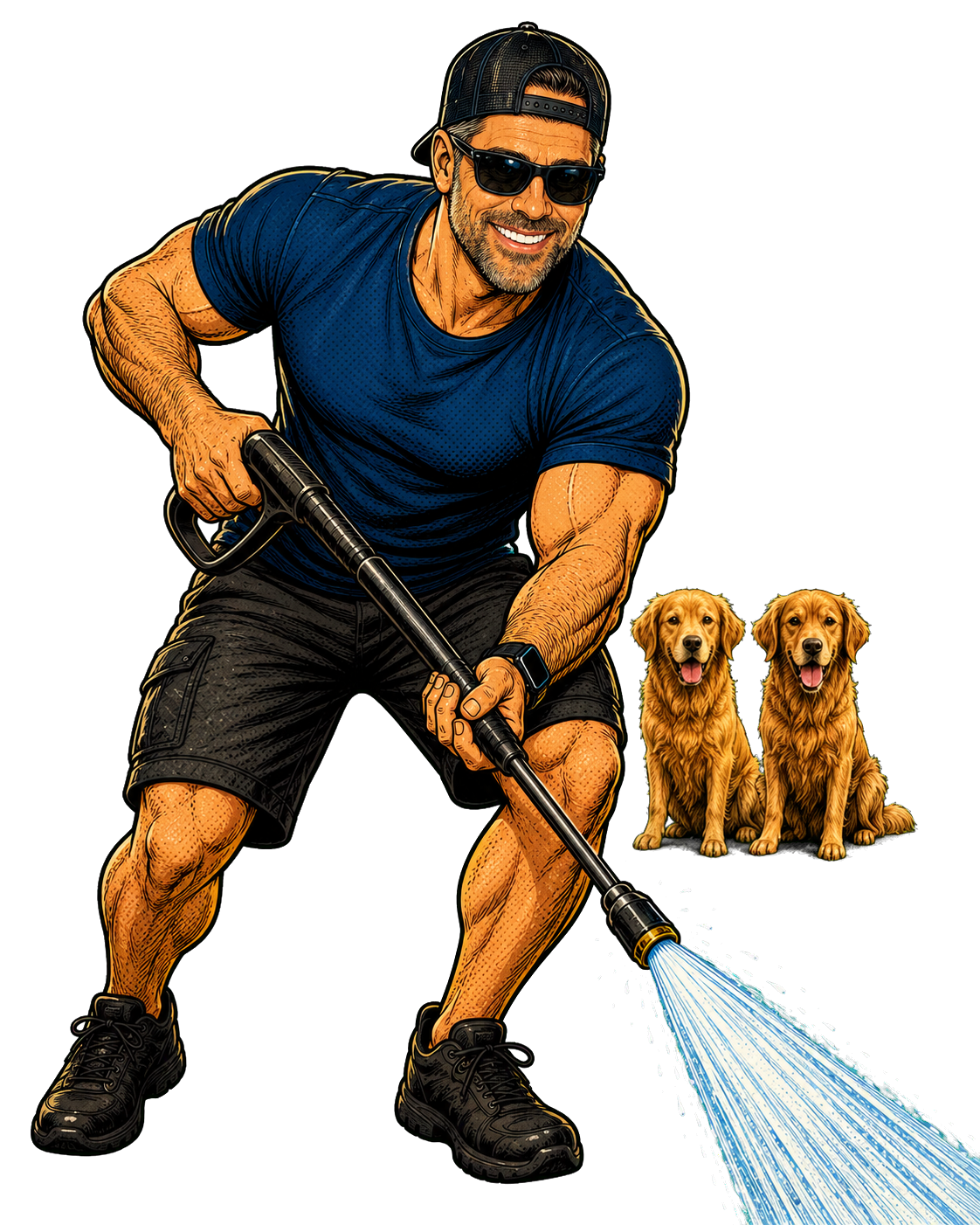 George pressure washing with both hands on the wand while Keegan and Jackson, his two golden retriever supervisors, watch from behind